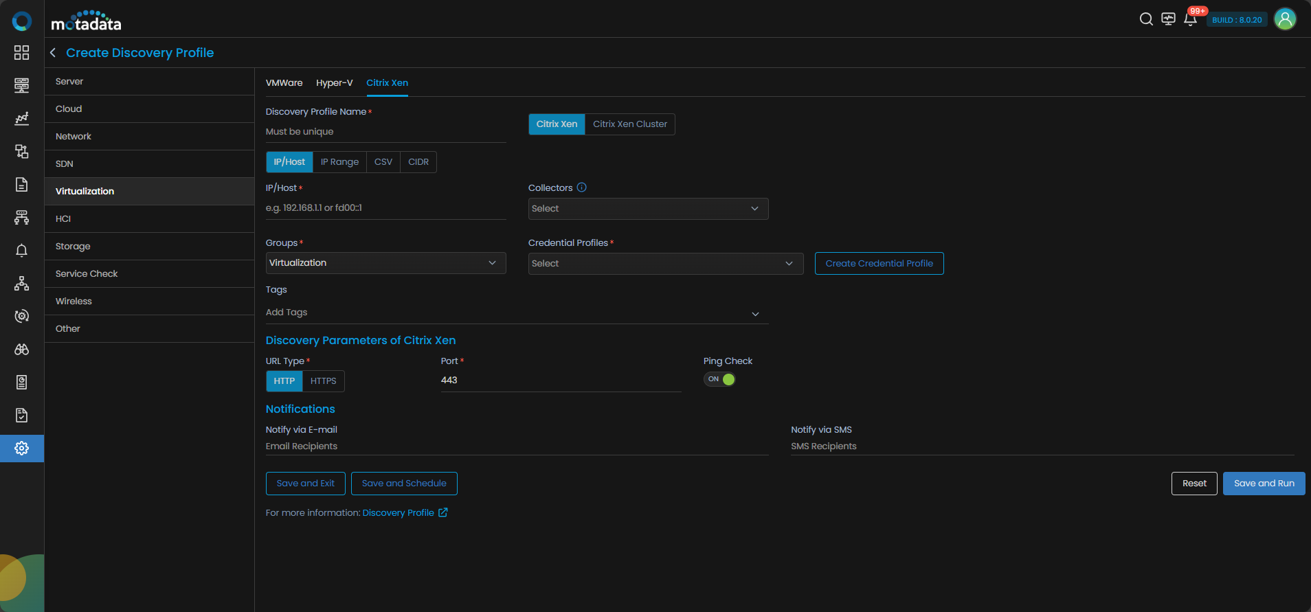 Discovery Profile form with Virtualization category and Citrix Xen highlighted